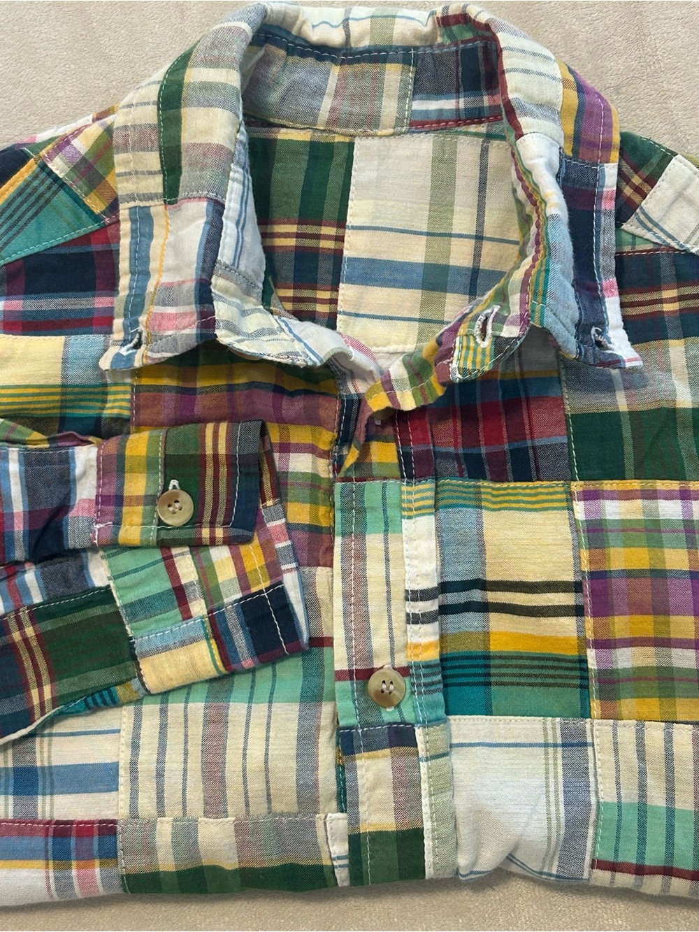 Kelly's Kids Vintage Boys Patchwork Plaid Madras Shirt Button Up Sz 4-5 Preppy